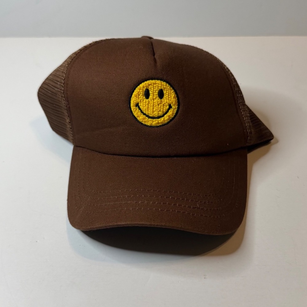 Market Smiley Face Trucker Hat Brown Have A Nice Day Mesh Snapback Cap